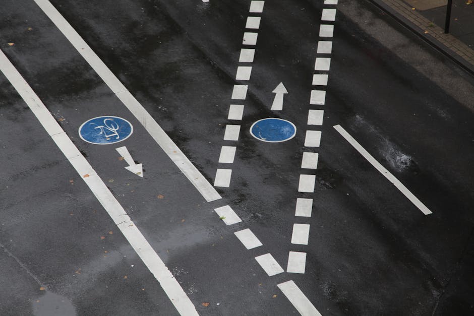 A wet, dark asphalt pavement marked with white dashed lines indicating separate lanes for bicycles and vehicles, with blue circular bike lane symbols painted on the ground. The bike lanes are separated from vehicle lanes by solid white lines. The pavement appears slightly glossy due to recent rain, and small scattered leaves are visible on the surface. In the background, part of a curb and a sidewalk can be seen. This detailed street marking is relevant for understanding traffic and cycling infrastructure in Greenford, which may impact house removals and transportation logistics for Man with Van Greenford during home relocation or furniture transport processes.