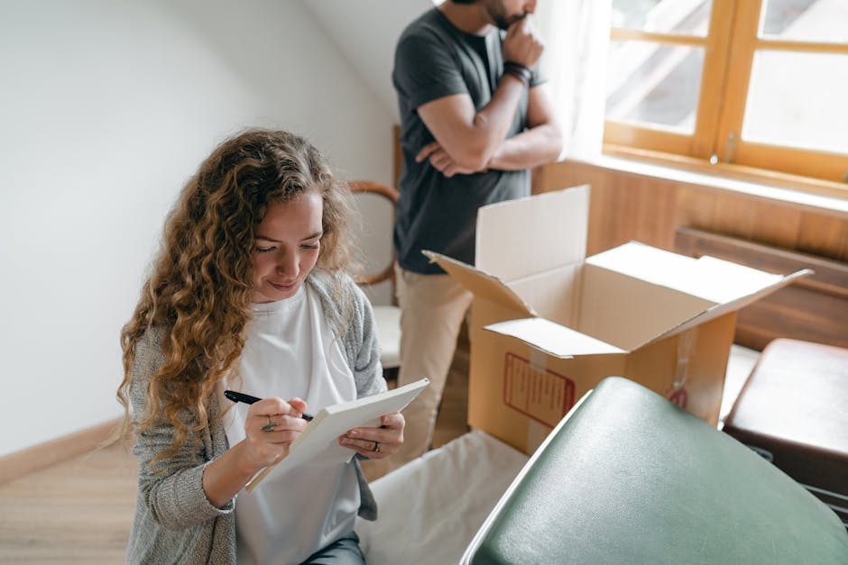 A woman with curly brown hair, dressed in a light grey cardigan and white top, is seated indoors, writing or noting on a small notepad with a black pen. In the background, a man with short hair, wearing a dark t-shirt and beige trousers, stands near an open cardboard box on a wooden table or countertop by a window with wooden frames and clear glass panes, through which natural daylight illuminates the room. The cardboard box is partially filled with packing materials and household items, and there is a large green object, possibly a piece of furniture or a protective covering, partially visible in the foreground. The environment appears to be a domestic setting during a home relocation or packing process, with a focus on organizing before a move. The scene is associated with the furniture transport, packing, and moving logistics services provided by Man with Van Greenford as part of a house removal and weekend move checklist in Perivale Park, UB6.