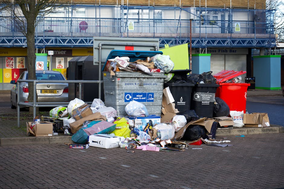 A man with curly hair, wearing a dark t-shirt and plaid shorts, stands on a sidewalk next to a large open skip filled with wooden packing crates, cardboard boxes, and construction debris. The skip is
